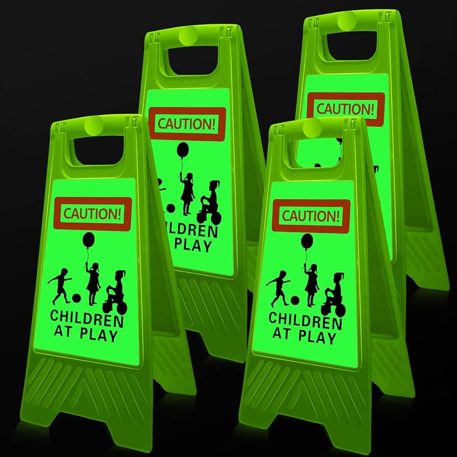 Photo 2 of 4 PCS Reflective Slow Down Kids at Play Sign Double Sided 24 Inch Portable Handle Children At Play Warning Board Caution Safety Signs for Street Neighborhood Yard School Park Sidewalk Driveway