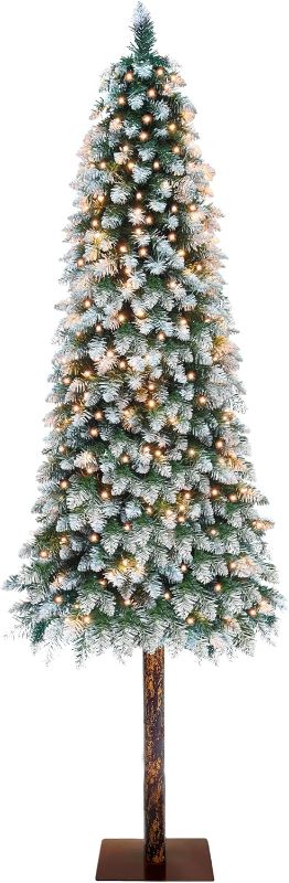 Photo 1 of 6.5 Ft Prelit Alpine Artificial Christmas Tree Snowy Pencil Tree with 230 Warm White Light 608 Thick PVC Branch Tips Metal Stand UL Plug Fire-Resistant Slim Xmas Tree for Home Indoor Fireplace Decor