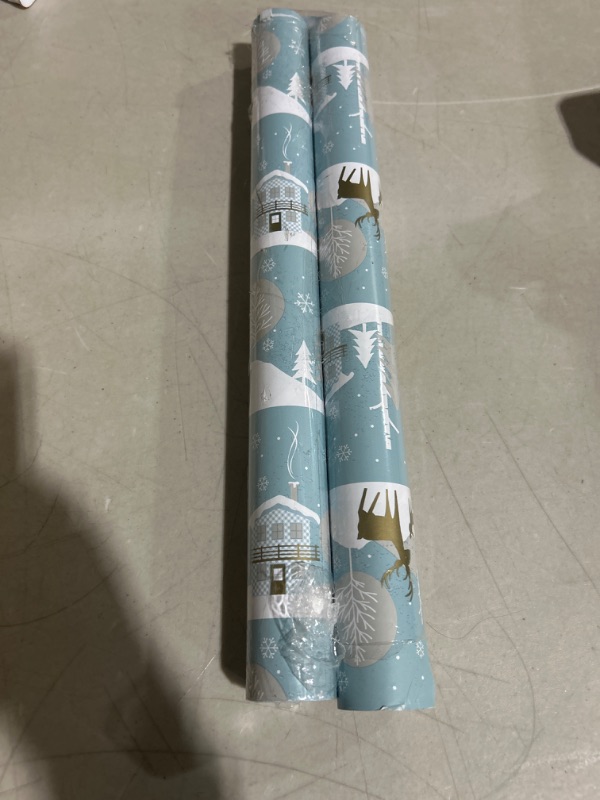 Photo 3 of ***TWO PACKS*** WRAPAHOLIC Reversible Christmas Wrapping Paper - Mini Roll - 17 Inch X 33 Feet - Blue and White Reindeer Family Holiday Landscape and Stripe Design for Holiday, Party, Celebration