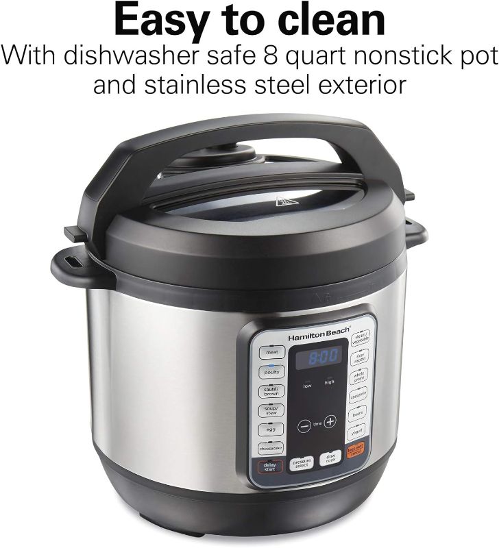 Photo 1 of ************DAMAGED ON LID**************
Hamilton Beach 12-in-1 QuikCook Pressure Cooker with True Slow Cook Technology, Rice, Sauté, Egg and More, 8qt., Black and Stainless (34508)
