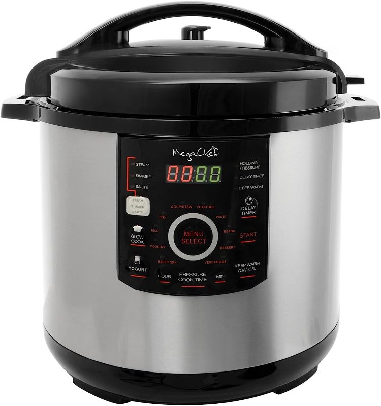 Photo 1 of *****DAMAGED LID, AND HAS DENTS************
MegaChef 12 Quart Digital Pressure Cooker with 15 Preset Options and Glass Lid, Silver
