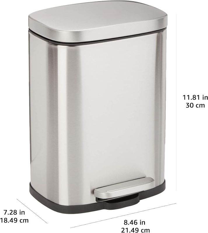 Photo 1 of 
Amazon Basics Smudge Resistant Small Rectangular Trash Can With Soft-Close Foot Pedal, Brushed Stainless Steel, 5 Liter/1.32 Gallon,7.3 x 8.5 x 11.8 inches (LxWxH), Satin Nickel Finish
 