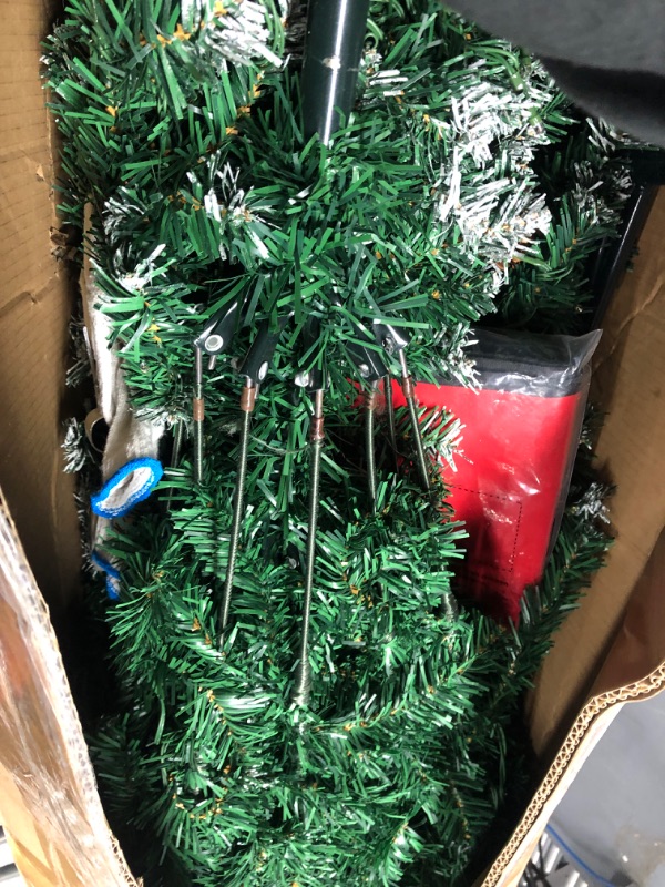 Photo 2 of 7.5ft Prelit Flocked Christmas Tree | Pre-Decorated Artificial Fluffy Xmas Tree with 600 Lights (Warm & Colorful, 11 Modes),1400 White Tips, 76 Pinecones, Gloves, Storage Bag, Metal Base