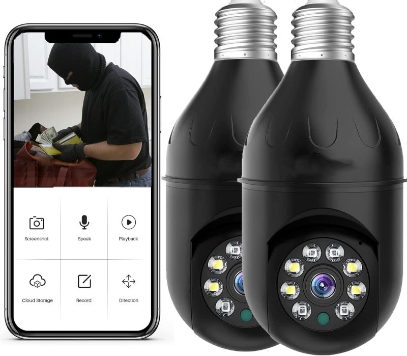 Photo 1 of LARDERGO Indoor Camera, Black 2 Pack 1080p Outdoor Smart Home WiFi Video Camera 360 Degree Panoramic Connector E27 Light Bulb Night Vision
