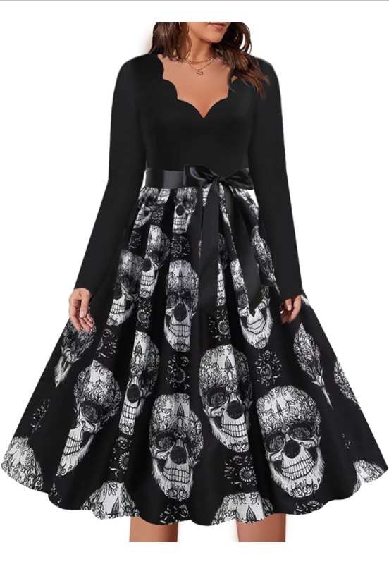 Photo 1 of Lanckeli Halloween Costumes for Women, V-Neck Long Sleeve Skull Printed Halloween Dress with Belt.XL