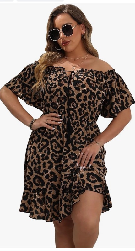 Photo 1 of Women's Plus Size Leopard Print Off Shoulder Frill Trim Tie Front Short Sleeve Ruffle Hem Dress 1xlarge
