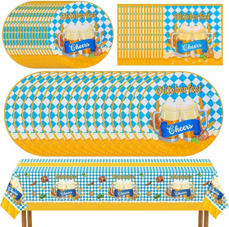 Photo 1 of -Tigeen 74 PCS Oktoberfest Party Supplies Bavarian German Party Disposable Tableware Set Including Paper Plates Napkins Tablecloth October Festival Disposable Dinnerware for 24 Guests
