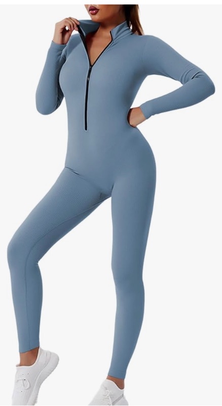 Photo 1 of Happy Sailed Women's Jumpsuits Ribbed One Piece Workout Rompers Long Sleeve Front Zipper Bodycon Yoga Romper for Exercise Medium