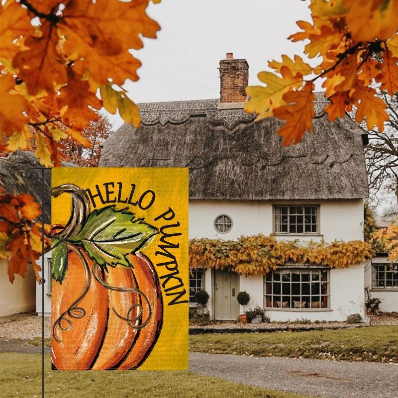 Photo 1 of 2  AVOIN colorlife Watercolor Hello Pumpkin Fall Garden Flag 12x18 Inch Double Sided Outside, Seasonal Autumn Thanksgiving Yard Outdoor Orange Decorative Flag Orange Garden Size-12 x 18"