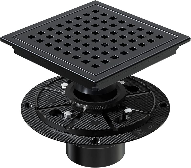 Photo 1 of  6 Inch Shower Drain Matte Black, Square Bathroom Floor Drain, Stainless Steel Drain Kit with Flange, Removable Grid Cover, Hair Strainer