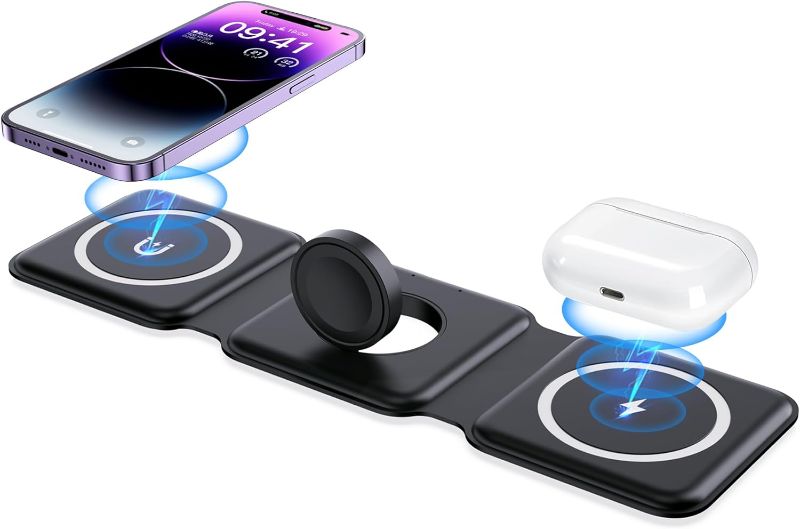 Photo 1 of Wireless Charger, Magnetic Foldable 3 in 1 Mag-Safe Charger, Fast Travel Wireless Charging Station for iPhone 15/14/13/12/ Series,for iWatch,for AirPods (Adapter Included)
