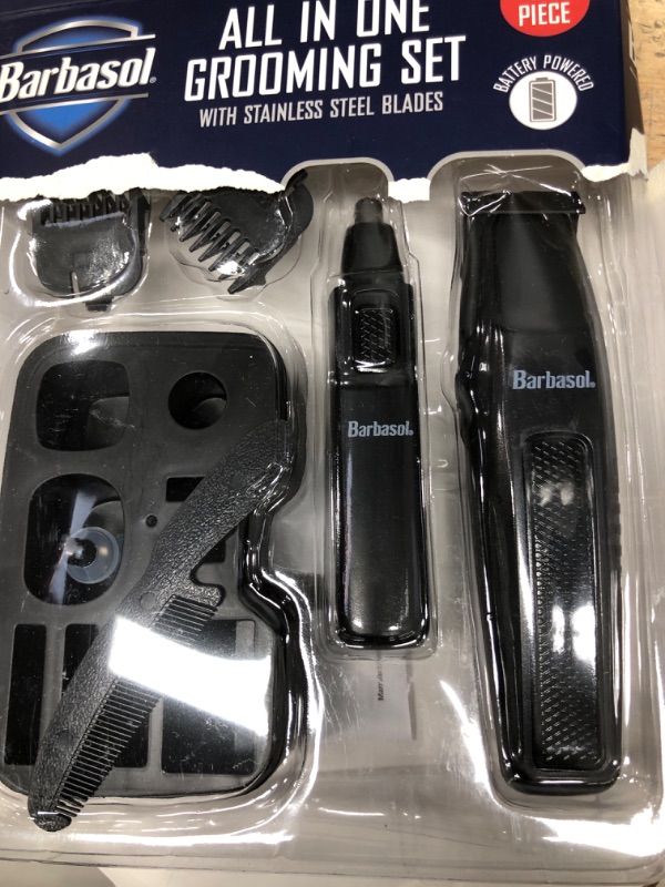 Photo 2 of Barbasol Portable Battery Powered All in 1, 7 Piece Beard Grooming Set with Ear and Nose Trimmer, Foil Shaver and Beard Trimmer with Stainless Steel Blades and Stand