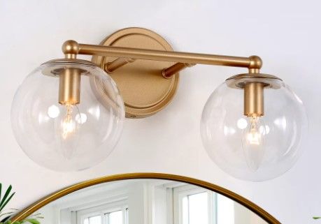 Photo 1 of 2 packs **Similar to stock photo** Modern Globe Bathroom Vanity Light 2-Light Brass Gold Round Powder Room Wall Sconce Light with Clear Glass Shades