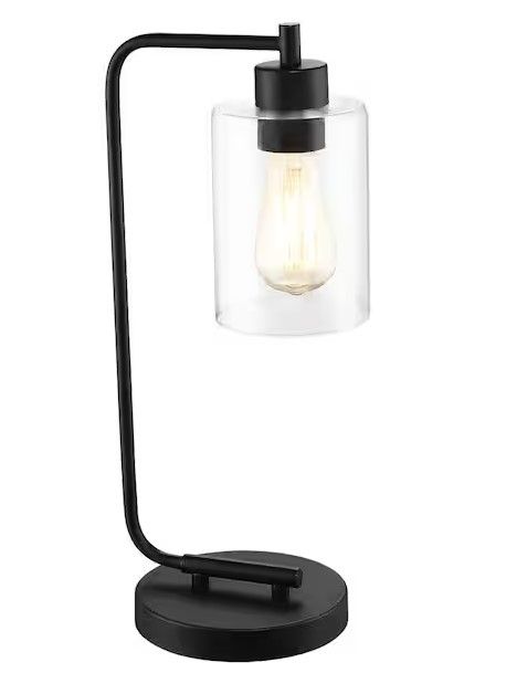 Photo 1 of 19 in. 1-Light Matte Black Table Lamp with Clear Glass Shade