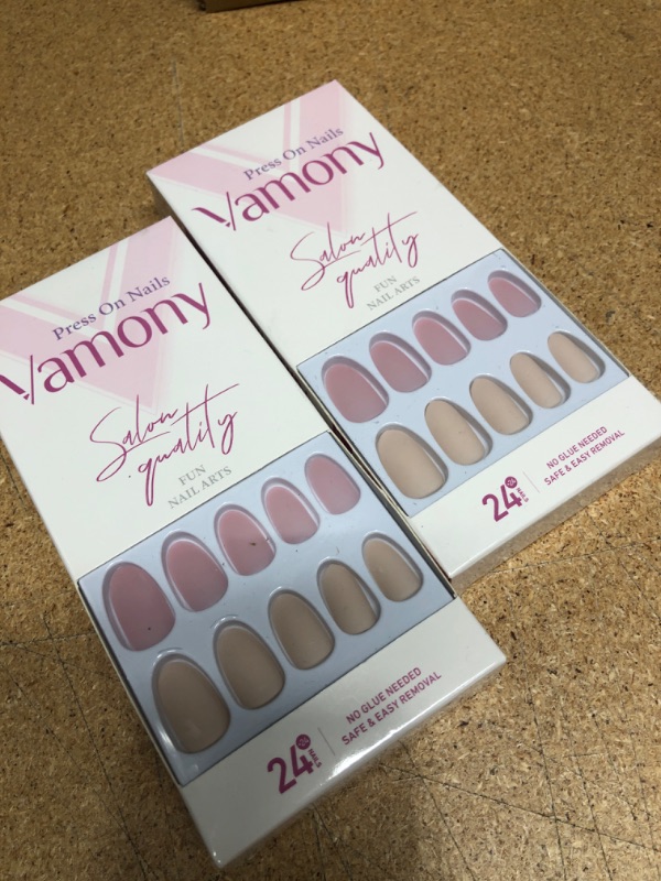 Photo 2 of * 2 SETS* Vamony 48Pcs Short Handmade Press on Nails Almond, Matte Pink Creams Solid Fake Nails, Press-On Manicure with Prep Pad, Mini File, Cuticle Stick and False Nails, Stick on Nails for Women Girls