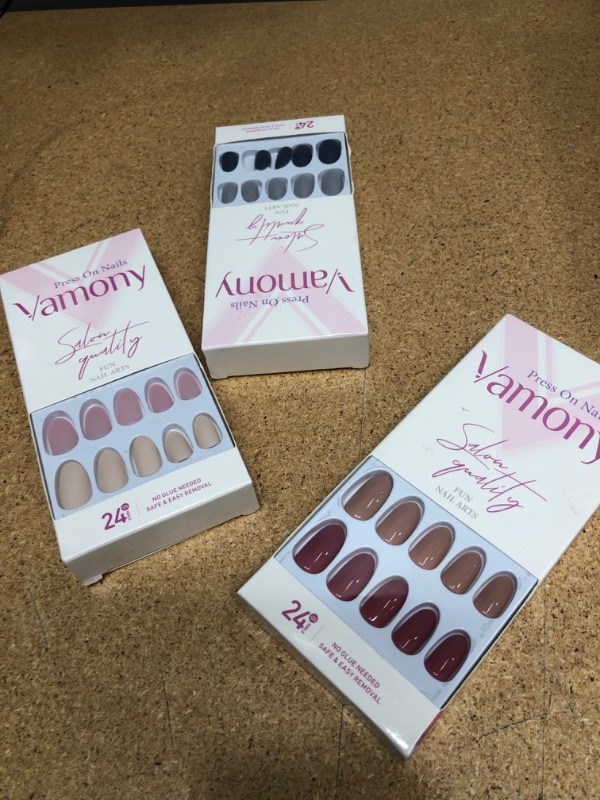 Photo 2 of * 3 SETS* Vamony 48Pcs Short Handmade Press on Nails Almond, Matte Pink Creams Solid Fake Nails, Press-On Manicure with Prep Pad, Mini File, Cuticle Stick and False Nails, Stick on Nails for Women Girls