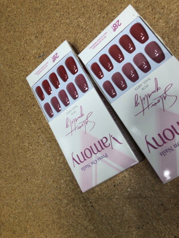 Photo 1 of * set of 2* 56Pcs Fall Short Press on Nails Coffin, Vamony Glossy Red Nudes Solid Fake Nails Kit with Prep Pad, Mini File, Cuticle Stick, Adhesive Tabs and False Nails, Stick on Nails DIY for Women Girls