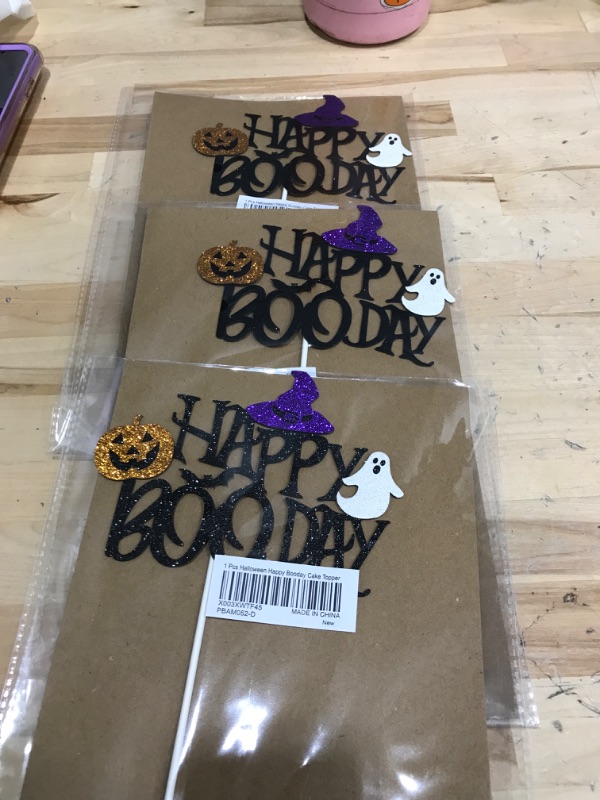 Photo 2 of Gexolenu 3 Pcs Halloween Happy Booday Cake Topper Glitter Double-Sided Witch Hat Ghost Pumpkin Cake Picks For Halloween Theme Baby Shower Cake Decorations Kids Birthday Party Favors Pattern 4