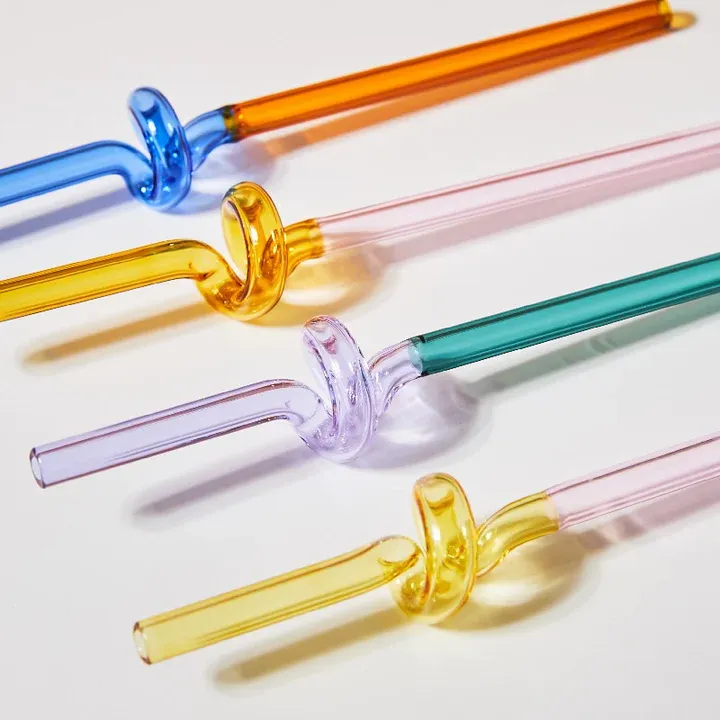 Photo 1 of 4 Pcs Creative Glass Straws, High Borosilicate Glass? Reusable Straws Smoothie Straws Decorative Drinking Straws for Tea, Juice,Beverage with 2 Cleaning Brushes Color