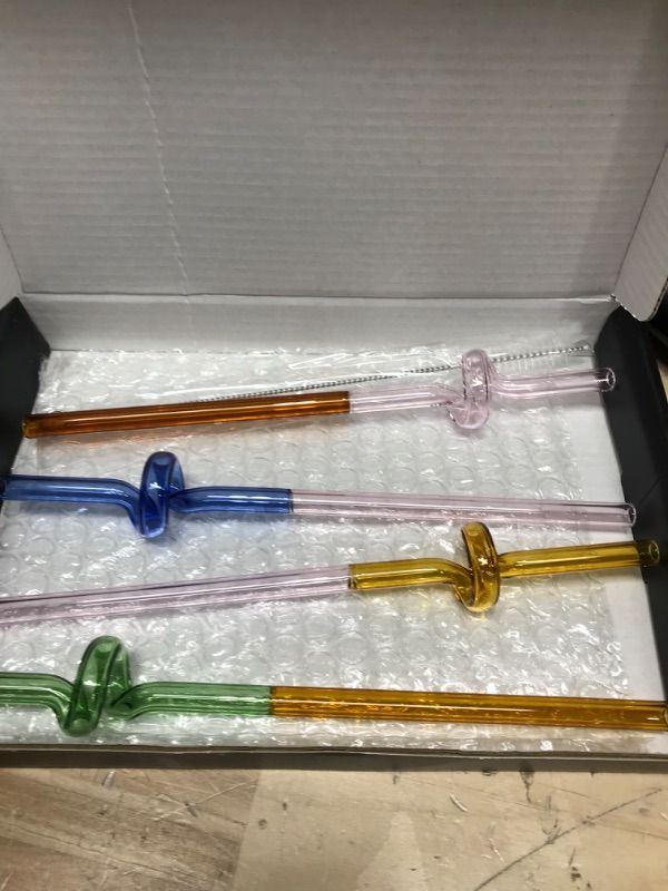 Photo 2 of 4 Pcs Creative Glass Straws, High Borosilicate Glass? Reusable Straws Smoothie Straws Decorative Drinking Straws for Tea, Juice,Beverage with 2 Cleaning Brushes Color