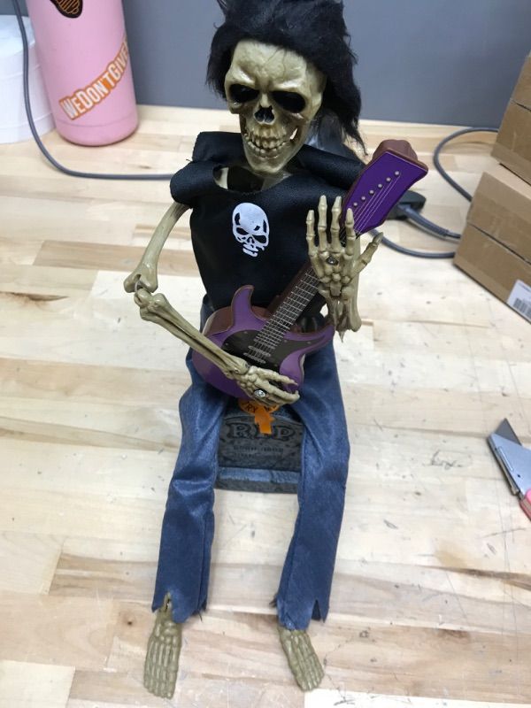 Photo 2 of 12.5" Funny Animated Skeleton, Female Rock Music Guitarist, Halloween Fall Interior Decorative Ornament, Halloween Haunted House Decoration Setting, (Female Guitarist) Animated Rock Starlet Skeleton