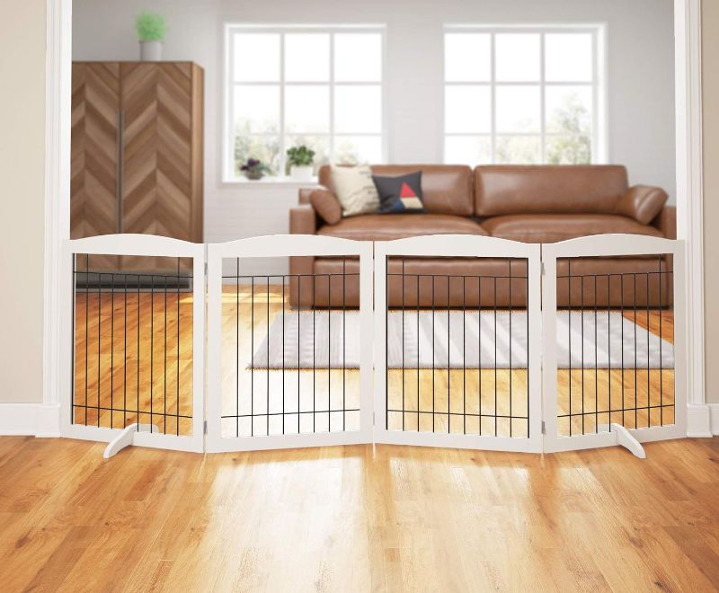 Photo 1 of 
PAWLAND Extra Wide Dog gate for The House, Doorway, Stairs, Dog Fences Indoor, Freestanding Foldable Wooden Pet Gates for Dogs,
Color:White