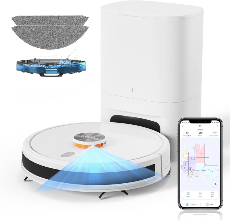 Photo 1 of 
Lydsto R5 Robot Vacuum and Mop Combo with HEPA Self-Emptying Base, 3-in-1 Robotic Vacuum with Lidar Navigation for 40 Days of Cleaning, White
389