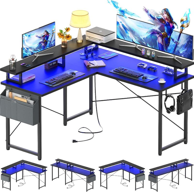 Photo 1 of 
armocity L Shaped Computer Desk with Power Outlets, Gaming Desk L Shaped with LED Lights, Corner Desk with Storage Shelves, Work Study Desk for Bedroom,...
Color:Black