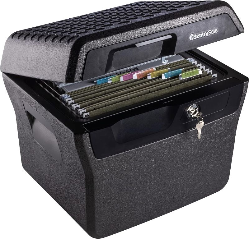 Photo 2 of 
***********DAMAGED, KEY BROKEN IN LOCK****************
SentrySafe Fireproof and Waterproof Safe Box with Key Lock, File Safe with Carrying Handle for Documents, 0.66 Cubic Feet, 14.1 x 16.6 x 13.8 Inches, FHW40100