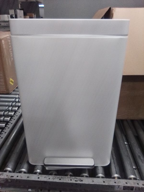 Photo 2 of *********MINOR DAMAGE, HAS DENTS***********
KOHLER 20956-STW 11 Gallon Dual Compartment Trash Can, Quiet-Close Lid, Trash Can with Soft-Close and Foot Pedal, Stainless and White 11 Gallon - Dual Compartment White Stainless Steel