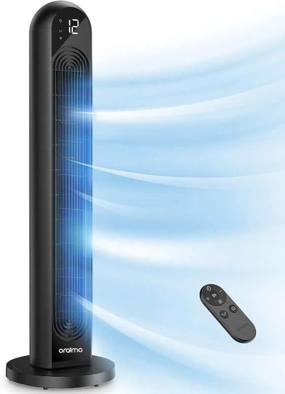 Photo 1 of Oraimo Tower Fan 42 inch, 29ft Air Supply Distance, Quiet 120° Oscillating Fan with 12 Speeds, 4 Modes, 12H Timer, Standing Bladeless Tower Fan with Remote & Full LED Display, OHF-811A Wide-Wind Fan
