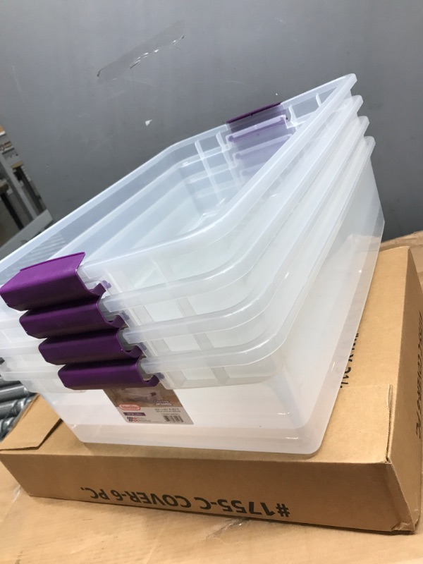 Photo 1 of 4 Pack****Sterilite 17551706 32 Quart/30 Liter ClearView Latch Box, Clear with Sweet Plum Latches, 6-Pack,Sweet Plum Handles 6-Pack 32 Quart Box