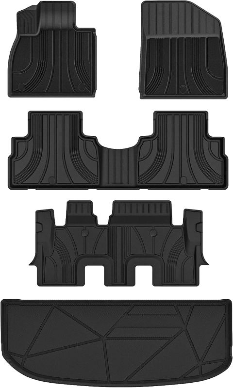 Photo 1 of 3W Floor Mats Fit 2020-2024 Hyundai Palisade 8 Seat (Only for Bench Seat), Custom Fit TPE All Weather Floor Liner, 1st & 2nd Row Full Set Car Liners, Black