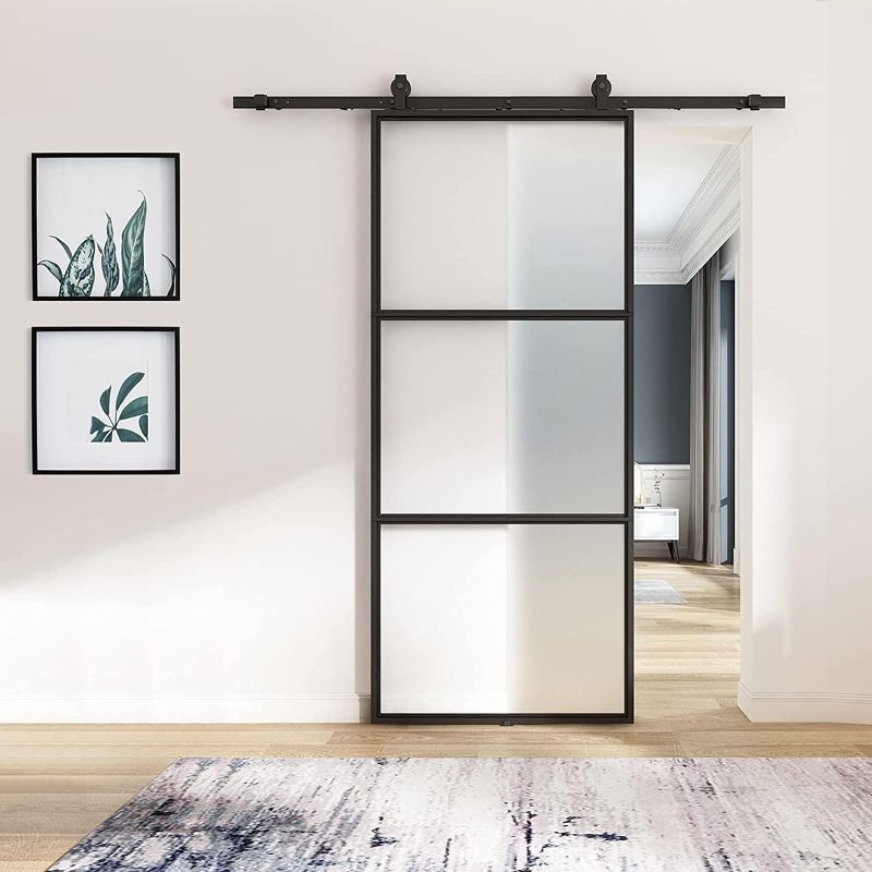 Photo 1 of ***Parts Only***BARNSMITH 36in x 84in Frosted Glass Barn Door with 6FT Top Mounted Hardware kit Include Soft Close Mechanism Black Carbon Steel Tempered Frosted Glass...
Size:Black
Color:36"