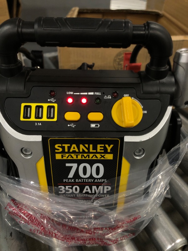 Photo 2 of ***see notes***STANLEY FATMAX J7CS Portable Power Station Jump Starter: 700 Peak/350 Instant Amps, 120 PSI Air Compressor, 3.1A USB Ports, Battery Clamps