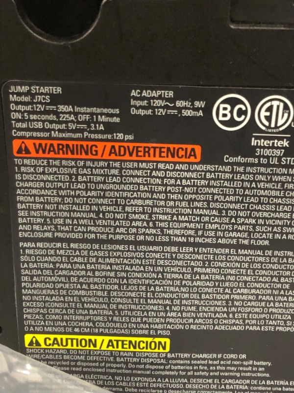 Photo 4 of ***see notes***STANLEY FATMAX J7CS Portable Power Station Jump Starter: 700 Peak/350 Instant Amps, 120 PSI Air Compressor, 3.1A USB Ports, Battery Clamps