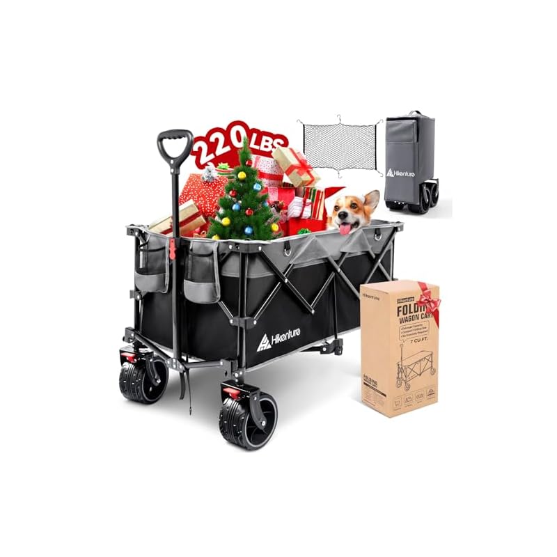 Photo 1 of Hikenture Collapsible Wagon Cart with Cargo Net, 220lbs Capacity Beach Wagon with Big Wheels for Sand, Heavy Duty Foldable Wagon with Brakes, Portable Utility Folding Garden Cart for Outdoor