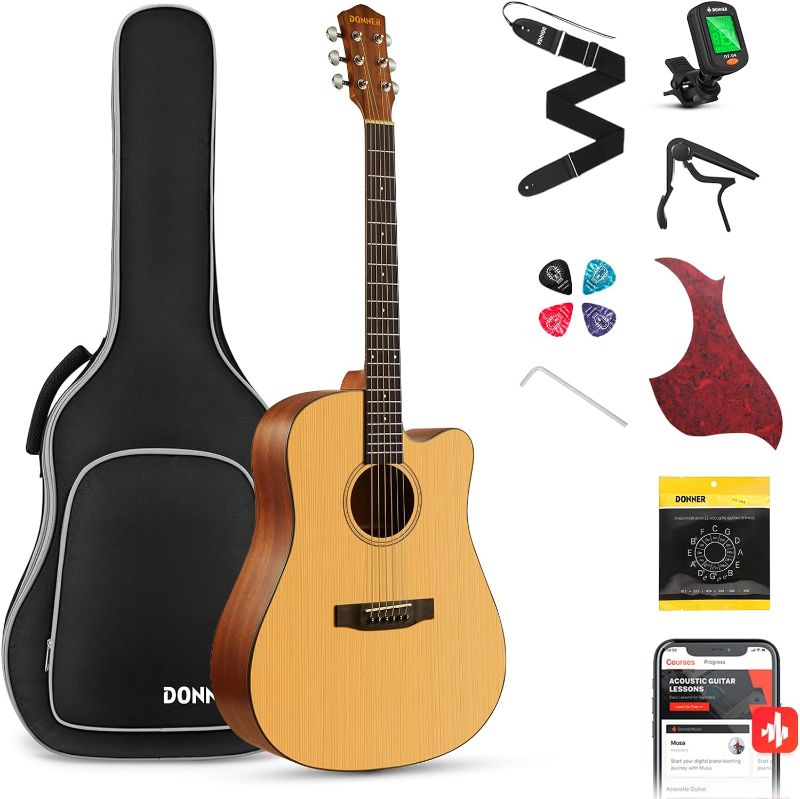 Photo 1 of Donner Acoustic Guitar Kit for Beginner Adult Teen Full Size Cutaway Acustica Guitarra Starter Bundle Set with Bag Strap Tuner Capo Pickguard Pick, Right Hand 41 Inch Natural, DAG-1C/DAD-110C
