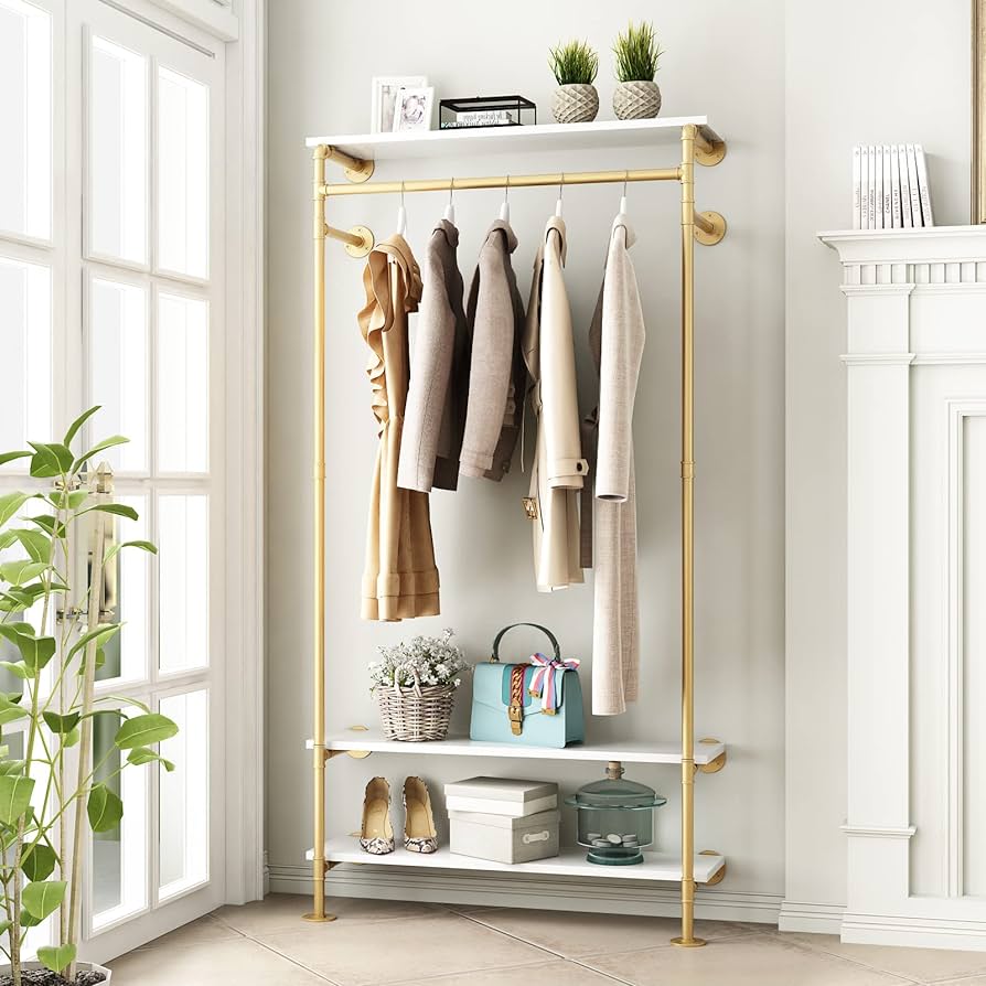 Photo 1 of Smlttel Gold Wall Clothing Racks with White Shelves, Wall Mounted Gold Clothes Rack for Hanging Rods?Heavy Duty Pipe Clothing Racks With Three Shelves Retail Display Garment Rack for Home