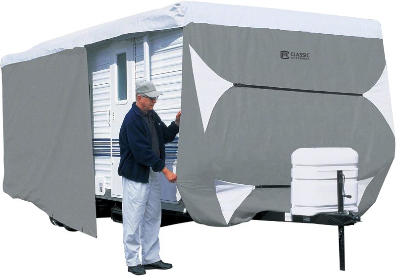 Photo 1 of Classic Accessories Over Drive PolyPRO3 Deluxe Travel Trailer/Toy Hauler Cover, Fits 20'-22' RVs, RV Cover, Motorhome Trailer, Zippered Panels, Tear-Resistant, All Season Protection, Grey/White