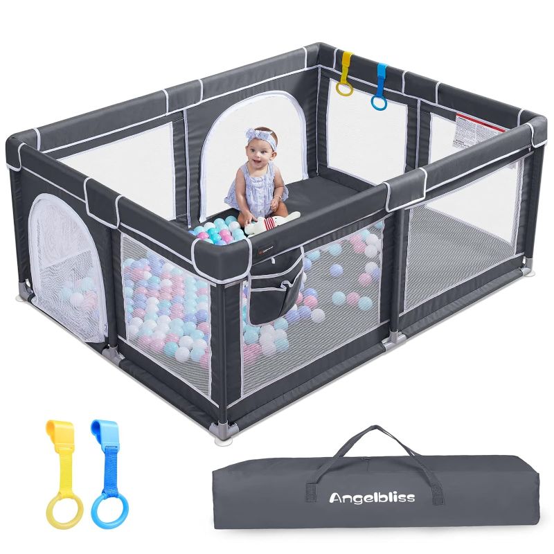 Photo 1 of ANGELBLISS Baby Playpen, Extra Large Playard, Indoor & Outdoor Kids Activity Center with Anti-Slip Base, Sturdy Safety Play Yard with Breathable Mesh, Kid's Fence for Toddlers(Dark Grey,71”x59”) Dark Grey 71x59"