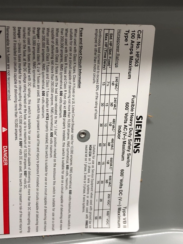 Photo 1 of Siemens HF363 100-Amp 3 Pole 600-volt 3 Wire Fused Heavy Duty Safety Switches