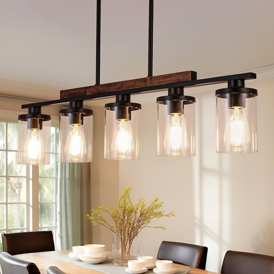 Photo 1 of NSRCE Farmhouse Dining Room Lighting Fixtures Over Table, 5-Light Linear Chandelier with Glass Shade for Kitchen Island, Natural Wood and Black Metal Finish