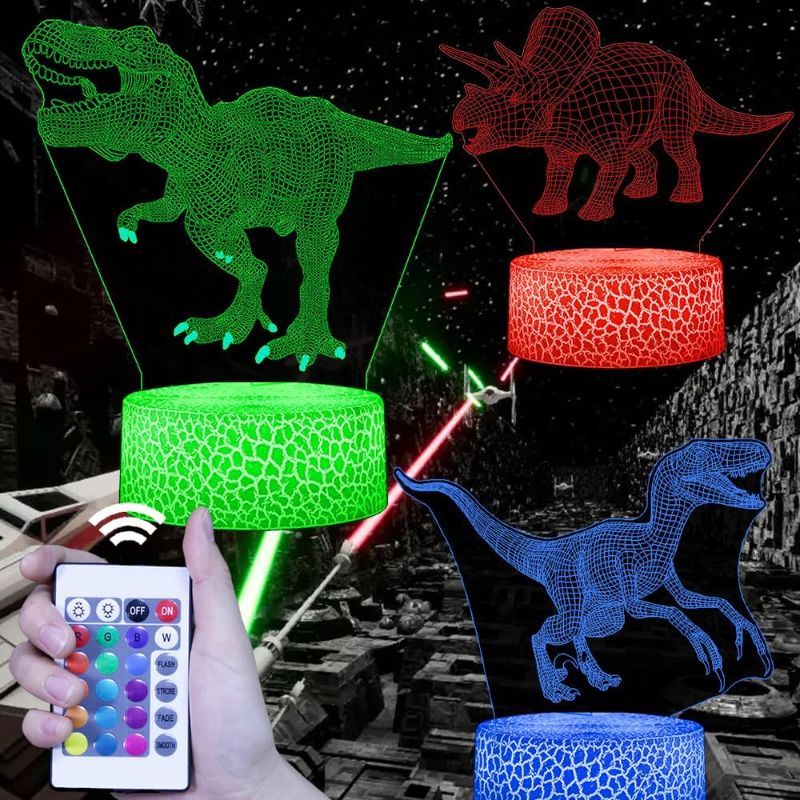 Photo 1 of 3D Dinosaur Toys Night Light for Kids, 3 Patterns and 16 Color Change Decor Lamp, Warm White Light for Sleep, Illusion LED Light for Birthday Gifts Christmas Gifts for Boys Girls