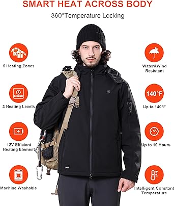 Photo 2 of DEWBU Soft Shell Heated Jacket for Men with 12V Battery Pack and Detachable Hood Outdoor Electric Heating Coat Large 