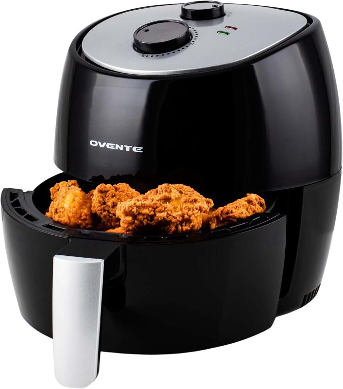 Photo 1 of OVENTE Compact Air Fryer, 3.2 Quart Electric Hot Cooker with 1300W Power, Adjustable Temperature, Auto Shutoff, Dishwasher Safe Non-Stick Basket, Perfect for Healthy and Oilless Food, Black FAM11320B
