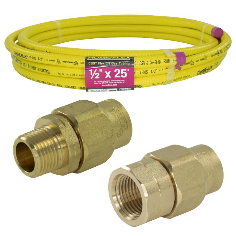 Photo 1 of 1/2 in. x 25 ft. CSST MPT/FPT Connection Kit (1) 1/2 in. MPT Male Adapter (1) 1/2 in. FPT Female Adapter (1) CSST Pipe
