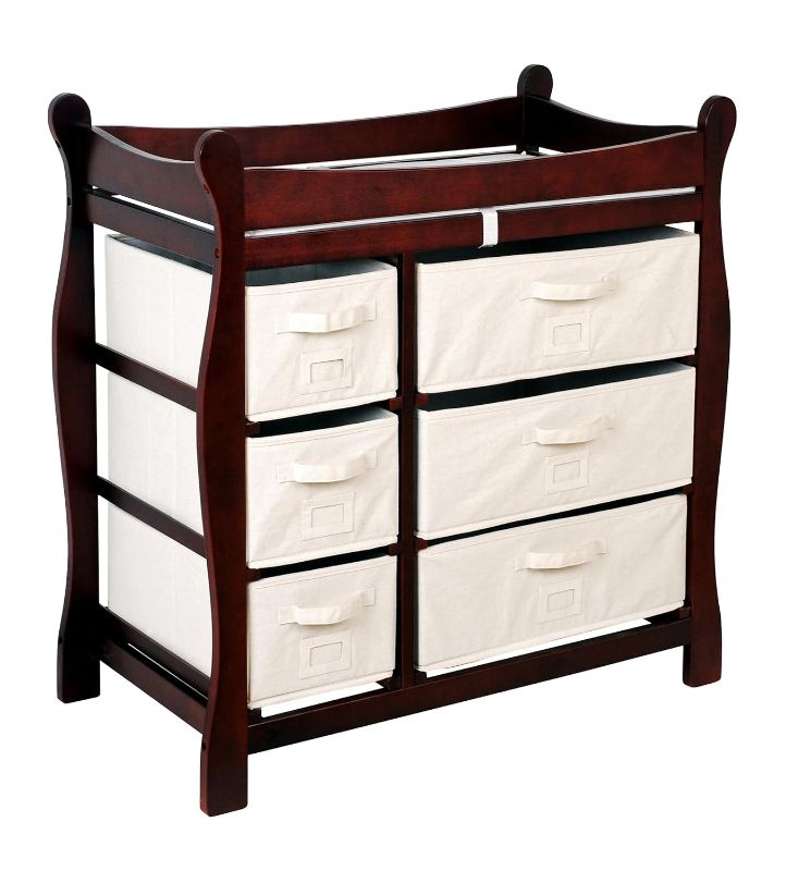 Photo 1 of Badger Basket Sleigh Style Baby Changing Table with 6 Storage Drawers and Pad - Cherry