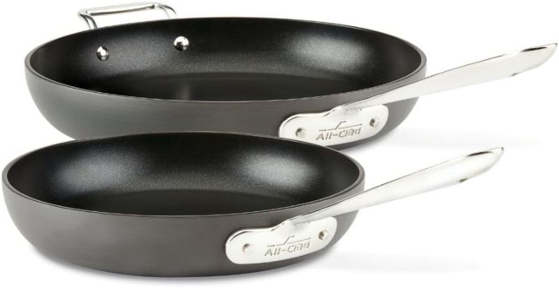 Photo 1 of ***DAMAGED***All-Clad HA1 Hard Anodized Nonstick Fry Pan Set 2 Piece, 8, 10 Inch Induction Oven Broiler Safe 500F, Lid Safe 350F Pots and Pans, Cookware Black