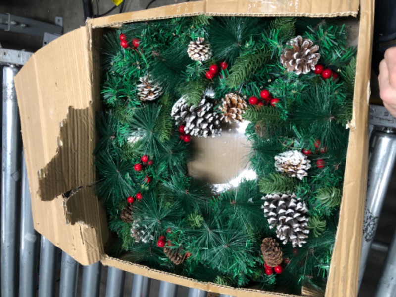 Photo 2 of 26 Inch Super Large Thick Prelit Christmas Wreath Realistic Feel 80 Lights Timer for Front Door Battery Operated Double Frame 228 Branches 60 Red Berries Jumbo Size 16 Pinecone Christmas Decoration Warm White